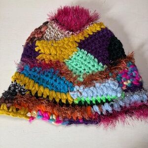 Colorful knitted patchwork beanie